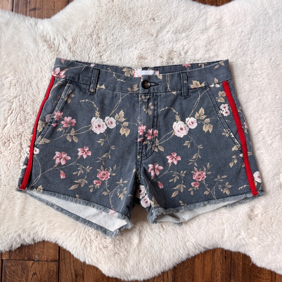 Sundry Floral Print Red Strip Raw Hem Cotton Shorts Womens Size 24 - Picture 1 of 12